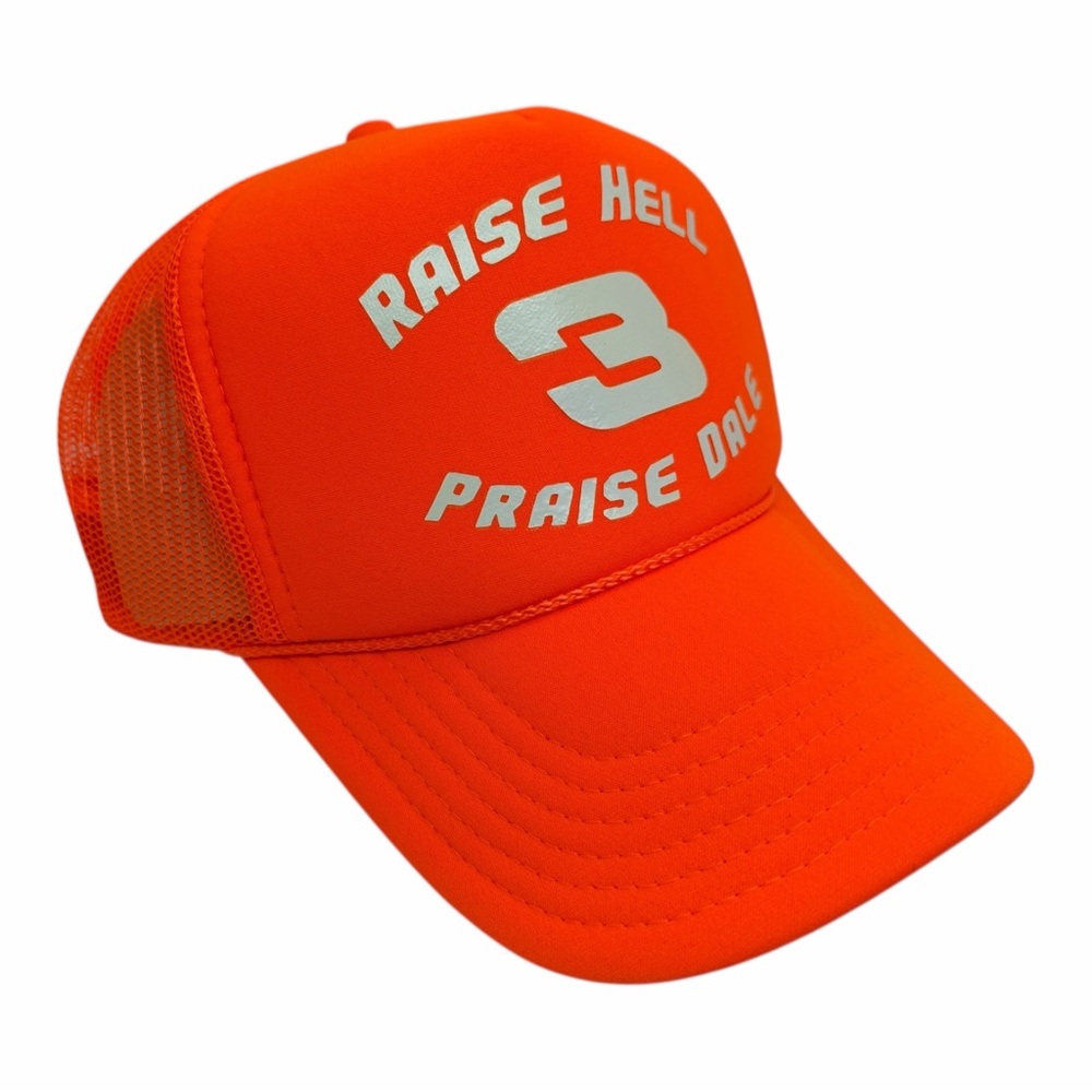 NEW VINTAGE RAISE HELL PRAISE DALE NASCAR NEON ORANGE MESH TRUCKER HAT CA…